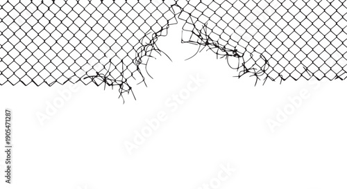 Torn chain link fence with ripped metal mesh on white background, symbolizing damage and isolation.