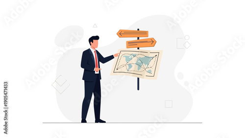 Businessman points to world map and signpost showing directions