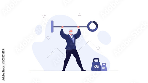 Businessman lifting heavy weights barbell, representing business strength and success