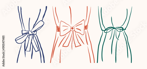 Set of curtains tied with various elegant bows in a hand-drawn style. Silhouettes of women's clothing. Vector elements.