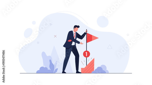 Businessman reaching for a red flag at the finish line, concept of success and achievement