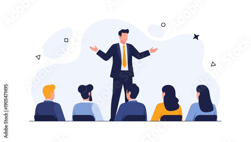 Business Presentation: Speaker Addressing Audience with Gesturing Hands