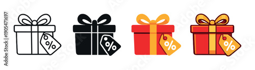 Bright neon gift boxes with percentage tags on gradient background