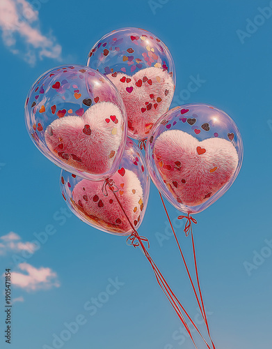Transparent balloons with pink heart confetti floating in blue sky. Valentines celebration concept for festive design.