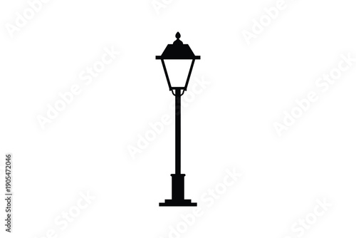Black silhouette of a traditional lamppost on a clean white background, simple street light icon