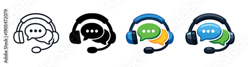 Colorful communication icons with headsets on gradient background