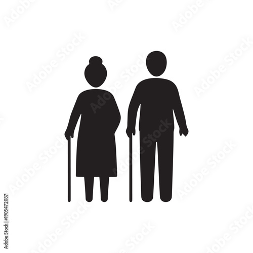 Elderly couple silhouette icon. Senior man and woman with walking canes. Aging, healthcare, and retirement symbols.