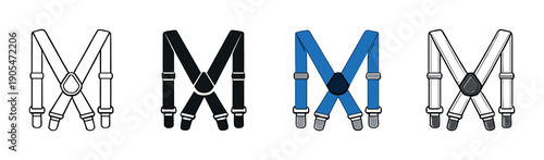Three stylized suspenders icon design in white, black, and blue on gradient background