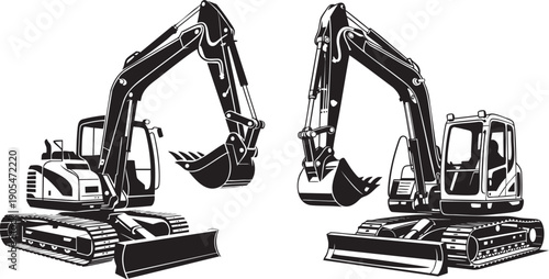 Heavy Duty Excavator Construction Machine - Industrial Digger Equipment Black Vector Silhouette