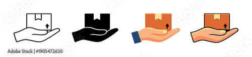 Set of delivery icons with different hand styles holding boxes on gradient background