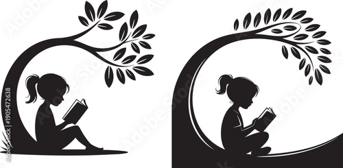 Girl Reading Book Under Tree Silhouette Vector - Education Nature Learning Illustration Design