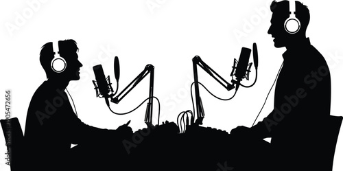 Two silhouetted men recording a podcast together in a studio with microphones and headphones.