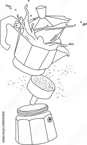 Creative line art drawing of a moka pot in an exploded view style with flying coffee beans and splashes. Minimalist black and white sketch for cafe menus, coffee shop branding, and posters.