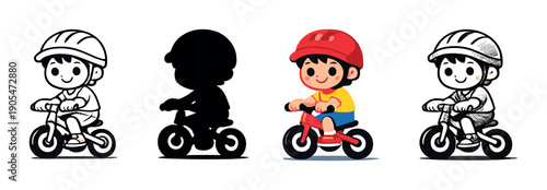 Colorful cartoon child cycling highlighted among monochrome figures