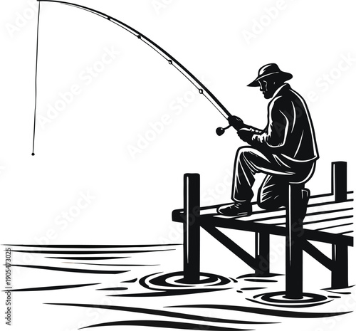 A fisherman sitting on a pier, casting a fishing rod into a serene body of water, black and white silhouette illustration, minimalist style
