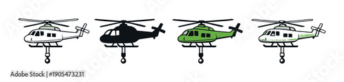 Row of four helicopters with green aircraft highlighted on gray background