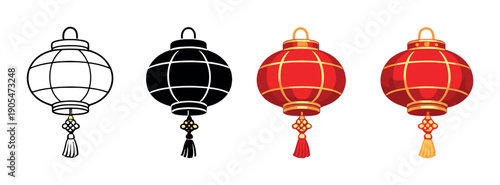 Four festive chinese lanterns with glowing red and white designs