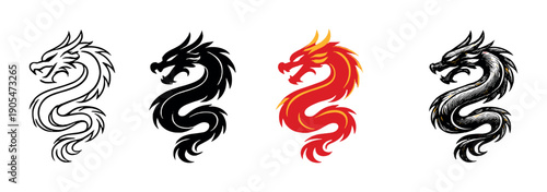 Vibrant fiery dragon illustration amidst dark silhouettes on gradient background