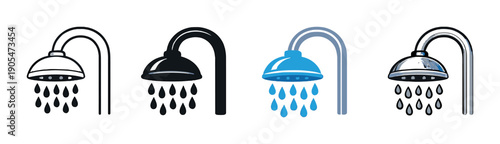 Waterproof shower lighting icons with illuminated showerhead in darkness