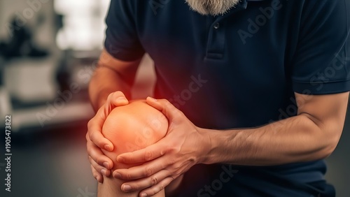 Primer plano de manos masculinas sosteniendo la articulación de la rodilla dolorosa durante una lesión