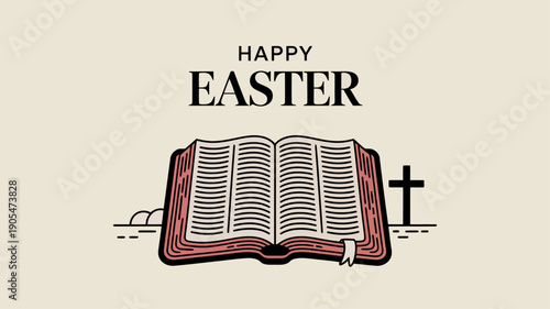 Happy Easter with Open Bible and Cross Illustration