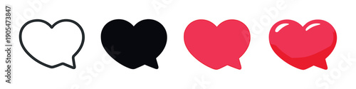 Three gradient heart icons with speech bubbles on metallic background