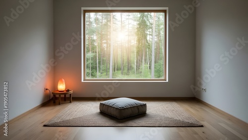 Serene meditation room with forest view