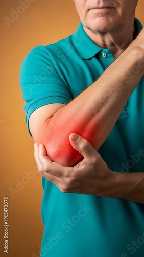 Hombre sosteniendo su codo inflamado sufriendo de tendinitis o codo de golfista
