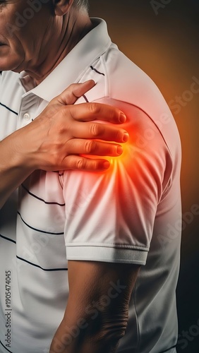 Hombre que sostiene un hombro dolorido por una lesión del manguito rotador u hombro congelado