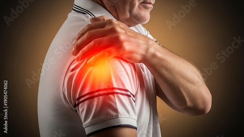 Hombre que sostiene un hombro dolorido por una lesión del manguito rotador u hombro congelado