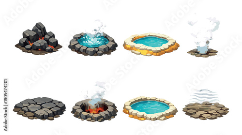 Fantasy game elements: rock formations, magical pools, steam effects