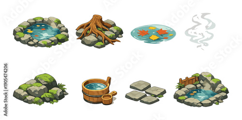 Fantasy nature elements: pools, roots, steam, stones in tranquil landscape