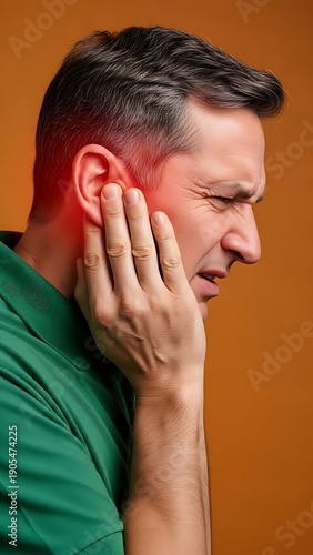 Hombre de mediana edad con dolor de oído agudo y síntomas de tinnitus