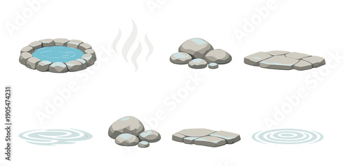 Game environment elements: stone pools, mists, and rock formations
