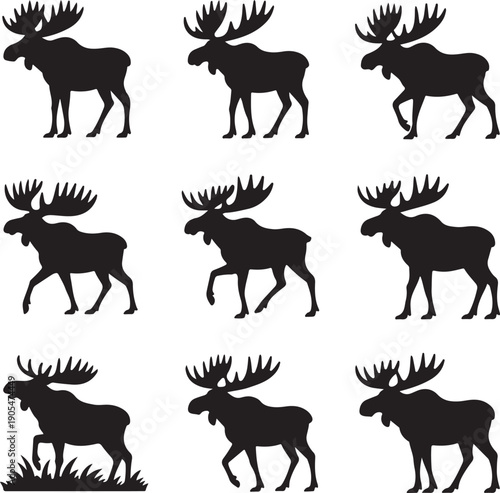 black moose silhouettes walking in different poses on white background