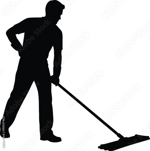 Man sweeping floor with broom, standing, silhouette, vector illustration