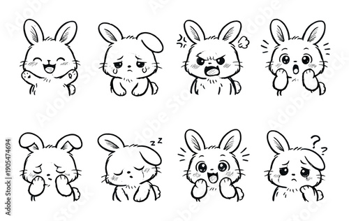Cute cartoon rabbit emoji set with various expressions