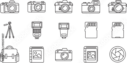 Collection of various camera and photography equipment icons