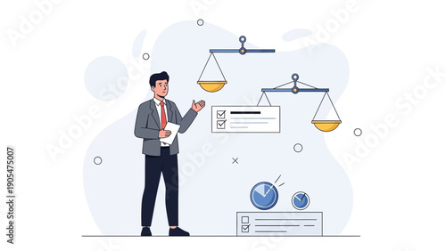 Businessman Balancing Scales and Checklist, Decision Making Concept