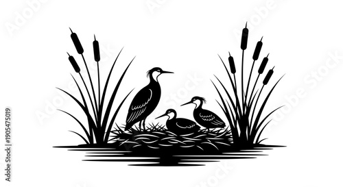 Black and white vector illustration of a family of birds in a nest surrounded by reeds, depicting wildlife and nature.