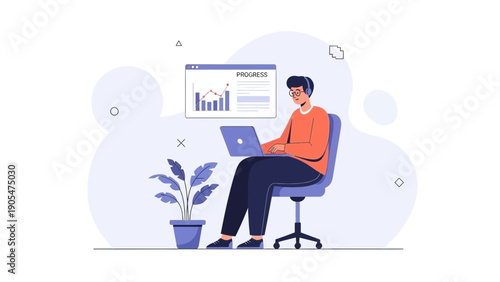 Man working on laptop with analytics graph on screen, modern office setup