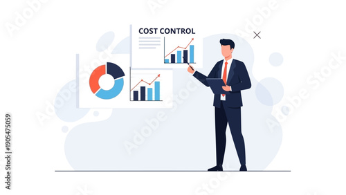 Business Man Presenting Cost Control Strategy with Charts and Graphs