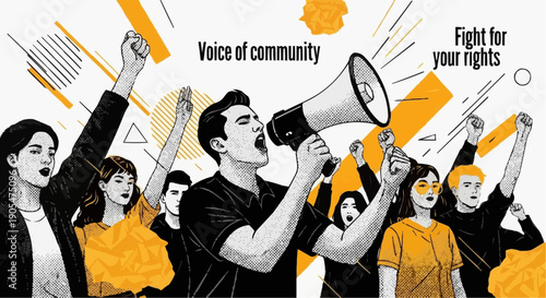 pop art background Trendy Halftone Protest Collage Illustration with Megaphone and Raised Hands