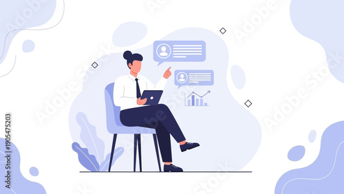 Businesswoman analyzing data on tablet with chat bubbles and graph