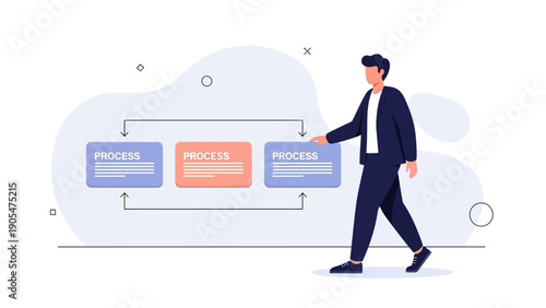 Businessman analyzing workflow chart with three processes