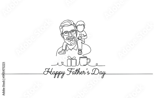 Continuous one line drawing of Father and Son walking with Fathers Day Text. Family and fatherhood concept in editable stroke. Doodle oneline vector illustration