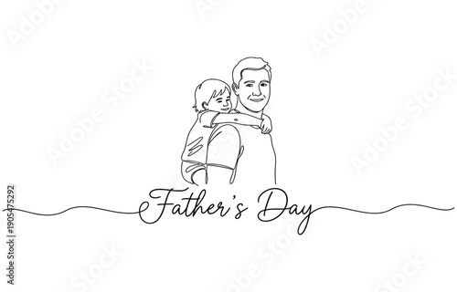 Continuous one line drawing of Father and Son walking with Fathers Day Text. Family and fatherhood concept in editable stroke. Doodle oneline vector illustration