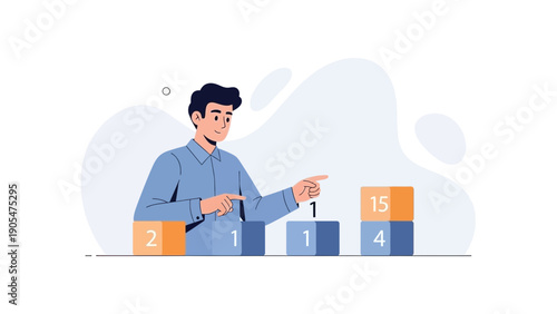 Man with numbers on blocks, concept of calculation, finance, strategy, and problem solving