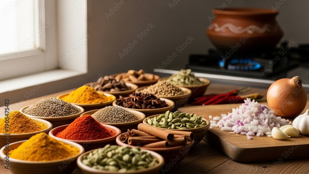 Fototapeta premium Aromatic Indian Spices Arranged in Wooden Bowls for Flavorful Cooking