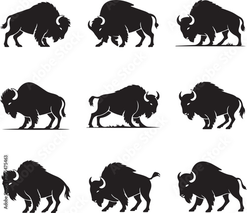 Black silhouettes of bison in various poses and movements